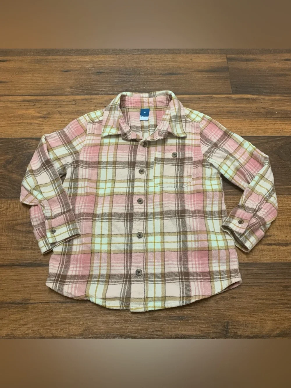 Old Navy Plaid Flannel Shirt Girls 4T Pink Brown Button Up Long Sleeve Cotton